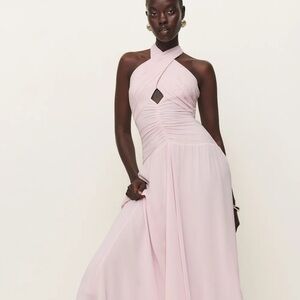 Reformation pale powder pink halter drop waist Cari midi dress - 6 (Small)